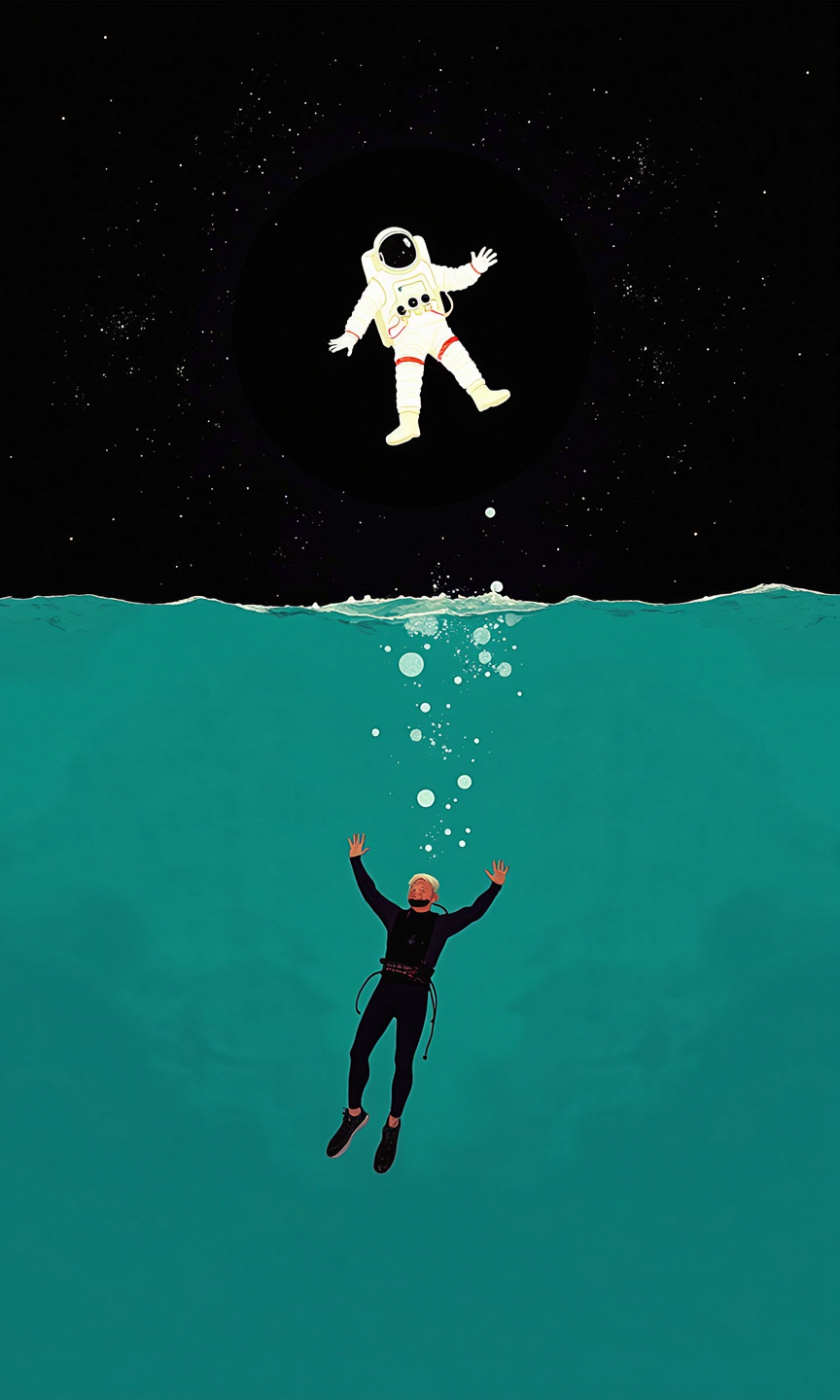 A minimalist graphic design features an astronaut floating in outer space against a backdrop of a dark night sky speckled with stars. 
Below, in a distinctly different space, a diver is depicted floating in a deep teal-toned ocean, with bubbles scattered around him.  The diver is also outlined in a simple, cartoon style. 
The overall aesthetic is serene and contrasts the vastness of space with the depths of the ocean, invoking a sense of wonder and exploration.  The color palette and stylistic simplicity give it a calming feel.
<lora:FLUX-daubrez-DB4RZ-v2:1> DB4RZ, DB4RZ style painting