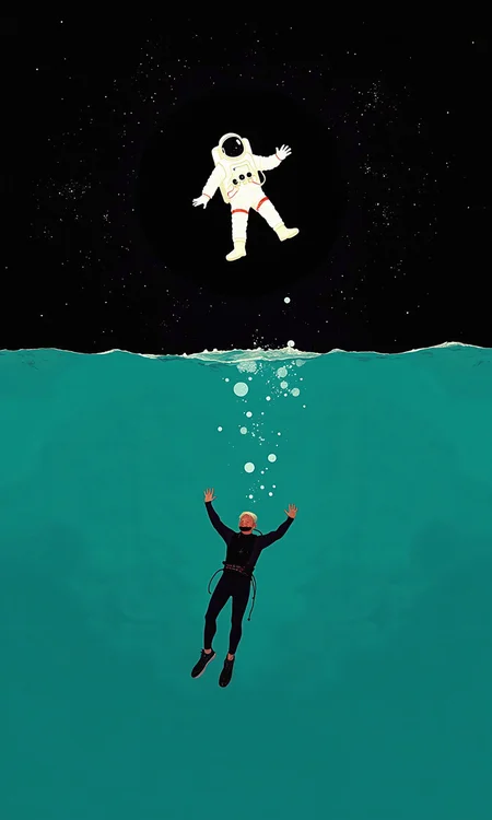 A minimalist graphic design features an astronaut floating in outer space against a backdrop of a dark night sky speckled with stars.
Below, in a distinctly different space, a diver is depicted floating in a deep teal-toned ocean, with bubbles scattered around him. The diver is also outlined in a simple, cartoon style.
The overall aesthetic is serene and contrasts the vastness of space with the depths of the ocean, invoking a sense of wonder and exploration. The color palette and stylistic simplicity give it a calming feel.
<lora:FLUX-daubrez-DB4RZ-v2:1> DB4RZ, DB4RZ style painting