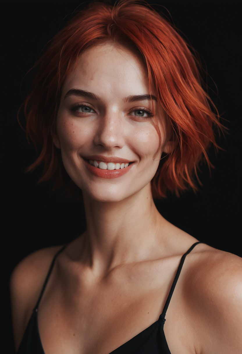 <lora:Cathy-PXL:1> cathy-pxl, cathy, red hair, black background, simple background, portrait, closed_smile, score_9, score_8_up, score_7_up, score_6_up, score_5_up, score_4_up,