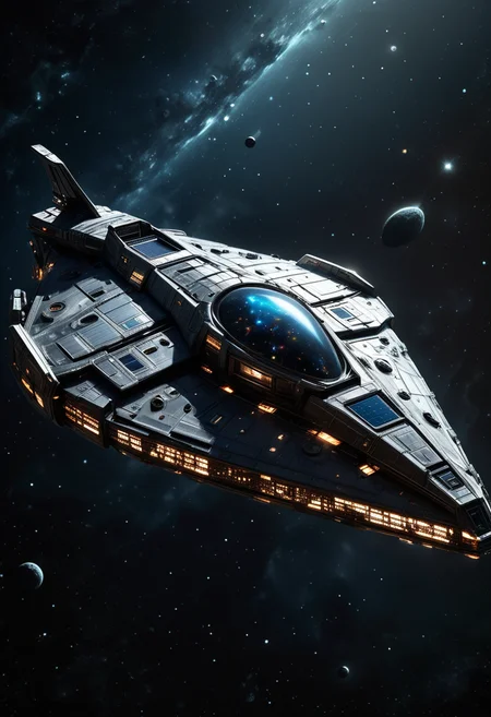 (medium full shot) of (advanced small camouflaged spaceship) with crystalline hull, solar sails, elegant curves, glowing panels, set in observing a mysterious space anomaly from a safe distance, the spaceship sensors capturing data on its unusual behavior , amid celestial debris, ,Masterpiece,best quality, raw photo, realistic, very aesthetic, dark