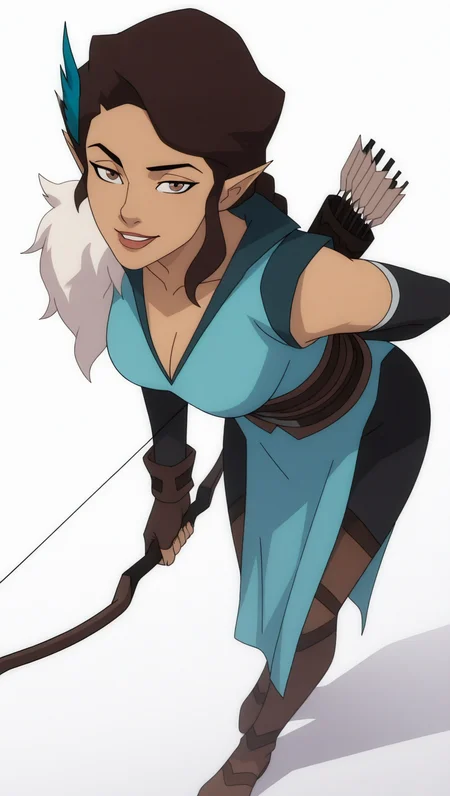 vexahlia, absurdres, masterpiece, best quality, 8k, white background, full body, 1girl, solo, pointy ears, brown eyes, brown hair, hair ornament, default outfit, fingerless gloves, cleavage, blue robes, fur-trimmed robe, arm gloves, corset, black leggings, brown boots,braid, official style, from above, fit to frame,dynamic angle, white background, leaning forward, (holding bow (weapon), parted lips, standing,  looking at viewer, seductive smile, 