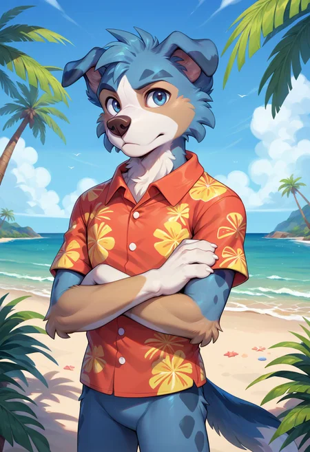 <lora:kade_nicole_pny-15:0.8> kade (savestate), solo, blue eyes, shirt, 1boy, animal ears, closed mouth, standing, blue hair, tail, male focus, short sleeves, looking at viewer, crossed arms, red shirt, furry, dog ears, furry male, animal nose, dog boy, hawaiian shirt, two-tone fur, blue spots, outdoors, beach, tropical, sunbeam, palm tree., score_9, score_8_up, score_7_up, score_6_up, score_5_up, score_4_up