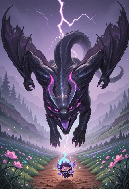(incredibly_absurdres, amazing_background, best quality, pastel_colors, bright_colors, colorful, soft_colors, sparkles, shiny, glowing, fantasy, star_(symbol), detailed_background, detailed_eyes, stylized, watercolor_(medium)) 
(snra-illu, (chibi), fairy, scalie, lightning, open_mouth, fangs, fangs out, purple tongue, rainbow, glowing, outdoors, fog, waterside, dirt, grass, meadow, flowers, wind_lift, swirling, (happy_aura:1.2), (magic, magic_user:1.2), black_body, close-up, flying, iridescent_scales, (two_tone_scales:1.2), gore_magala, claws, teeth, tail, horns, no humans, solo, wings, glowing eyes, purple eyes)