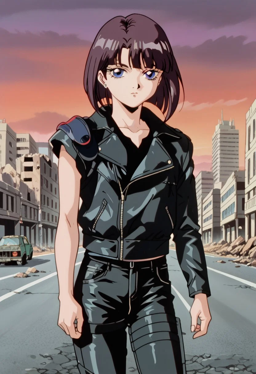 score_8, score_8_up, score_7_up, AWGXS, anime screenshot, retro artstyle,1990s (style), cel animation BREAK 1girl, female focus, solo, black hair, straight hair, bob cut, Road_Wargear, leather jacket, asymmetrical clothes, asymmetrical sleeves, single pauldron, zipper, zipper pull tab, black shirt, cowboy shot, leather pants, black pants, outdoors, ruined city, toppled skyscraper, rubble, looking at viewer, expressionless