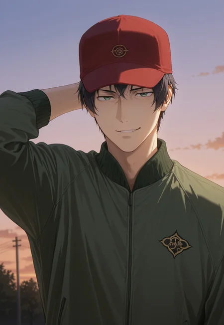 masterpiece,best quality,amazing quality, detailed details, shaded, detailed shading, detailed skin, shaded skin, realistic shading, countershading:1.1, outdoors, evening, 1boy, solo, Tadashi Kikuchi, black hair, green eyes, green jacket, red cap, smirk arm behind head