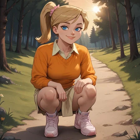 score_9, score_8, BREAK, solo, blonde hair, ponytail, blue eyes, lips, orange sweater, collared shirt, yellow skirt, white and pink sneakers, total drama, Emma_(Total_Drama), plump, cute, breasts, sexy pose, smile, outdoors, sunlight, shadows, evening lighting, natural lighting, forest, trees, grass, orange sky, sunset