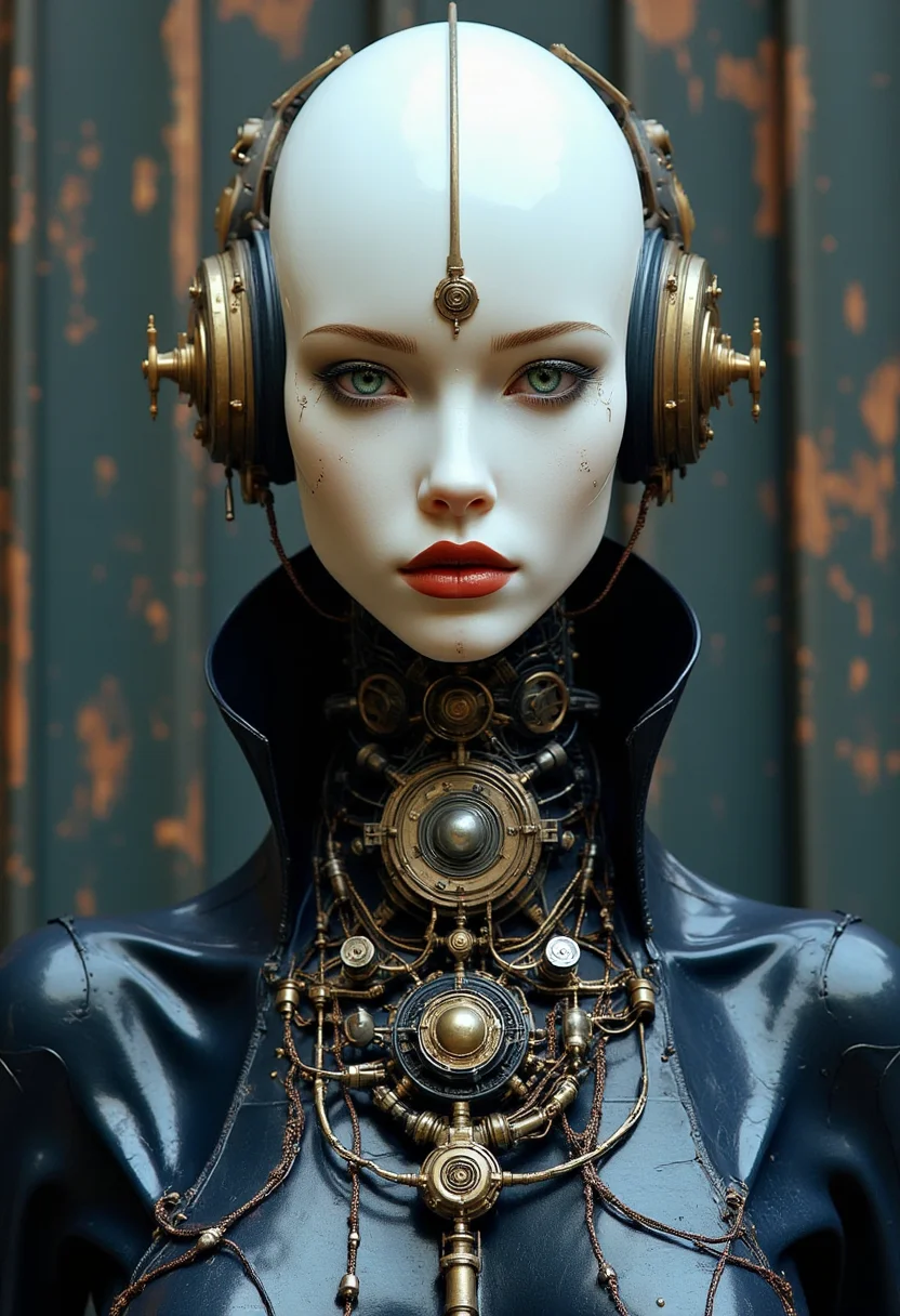 cyberpunk. This is a highly detailed realistic photo of a futuristic, androgynous character. The subject has a smooth, pale white face with sharp, angular features, including a small, round, metallic orb centered on the forehead. Their lips are painted a deep, dark red, and their eyes are almond-shaped with a slightly metallic sheen, giving them a cold, emotionless expression. 

The character wears a high-collared, dark navy blue garment that appears to be made of a sleek, metallic fabric. Around the neck, there is a complex, ornate mechanical device with various gears, cogs, and wires, suggesting a steampunk aesthetic. This device is connected to the character’s neck and chest, adding to the mechanical, otherworldly appearance.

The character also wears large, ornate, gold and black headphones with intricate, mechanical designs, covering their ears. The background is a dark, muted, and textured wall with hints of brown and green, which contrasts sharply with the character's stark white face and metallic accessories. The overall image combines elements of cyberpunk and steampunk aesthetics, creating a visually striking and technologically advanced portrayal. Recypu style.