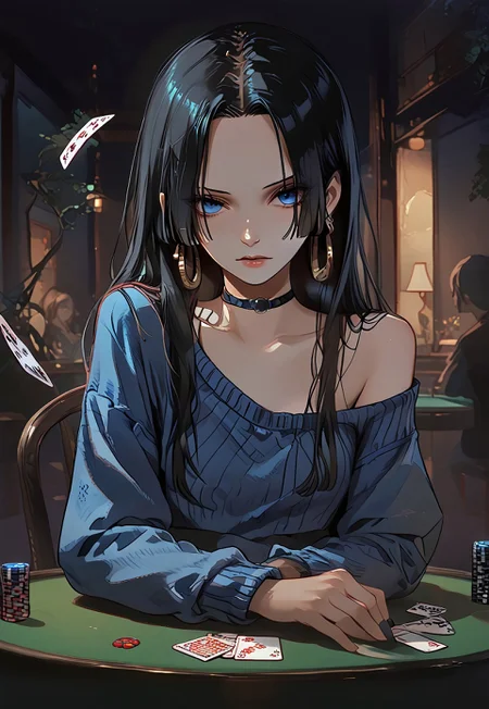 score_9, score_8_up, score_7_up, score_6_up, score_5_up, score_4_up, boa_hancock, long hair, black hair, earrings, table, poker, blue sweater, night, dark background, Low-key lighting, off-shoulder sweater, single bare shoulder shirt, gthan, gothic