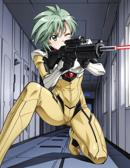 <lora:elnie-v2-illustrious-000040:0.95> elnie, pilot suit, (yellow bodysuit:0.6)
solo, laser rifle, on one knee, holding weapon, one eye closed, aiming, hallway, dynamic, sweat, close-up, depth of field