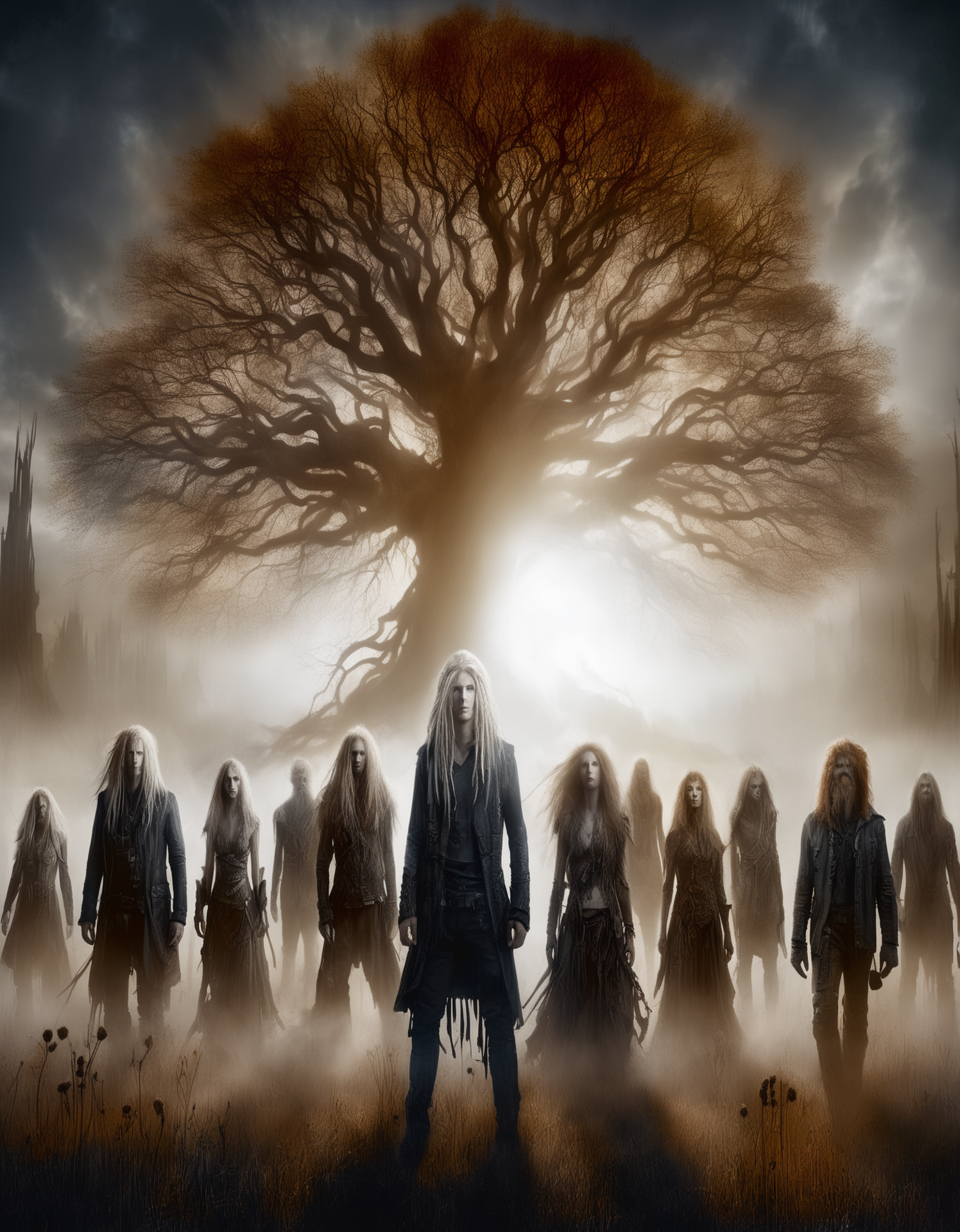 dystopian style of some  male and female Nephilim standing in front of the wonderful, amazing World Tree, (Yggdrasil at golden hour:1.2), Autumn leaves. The Nephilim have white or  (ginger hair:1.4). They wears worn leather clothings.  There is a misty and smoky atmosphere around the creature, giving the picture a mystical element. The picture is in a monochromatic scheme, mainly with shades of black, white and gray.
8k UHD, RAW photo, highly detailed,  photo realism, photorealistic,  bleak, post-apocalyptic, somber, dramatic