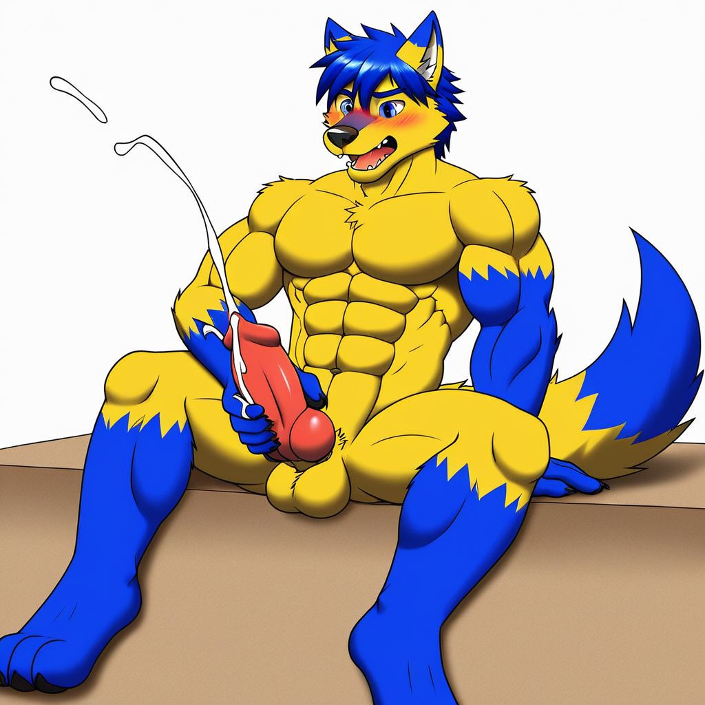 solo, male, anthropomorphic, wolf, humanoid body, yellow body, six pack abs, abs, defined muscles, two-toned arms, blue fur covered forearms, muscular, handsome, wolf face, fox ears, short hair, dark blue hair, dark blue eyebrows, blue eyes, two-toned ears, fur on the bridge of the nose, blue fur, transparent blushing, open mouth, orgasm, digital painting, long tail, wolf tail, two-toned tail, full body in view, feet in frame, sitting, hand on penis, canine penis, masturbation, cum on hand, cum shot, cum on penis