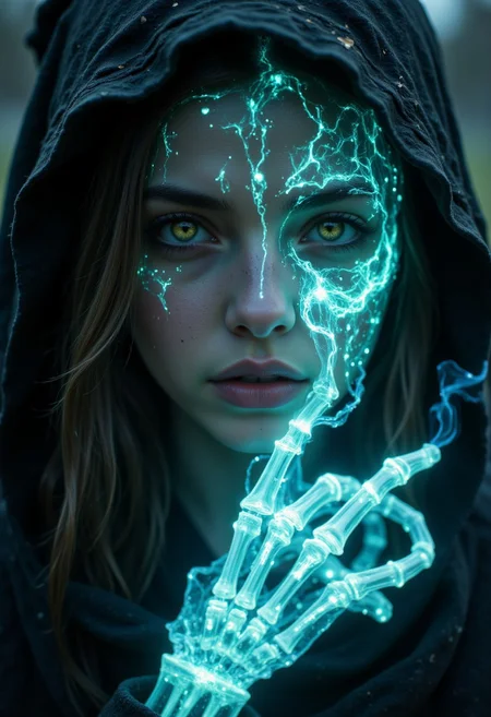 R3alisticF, closeup of mesmerizing beautiful 30-year old necromancer woman superimposed with glowing transparent skeleton spirit. dark night church background, detailed beautiful facial features