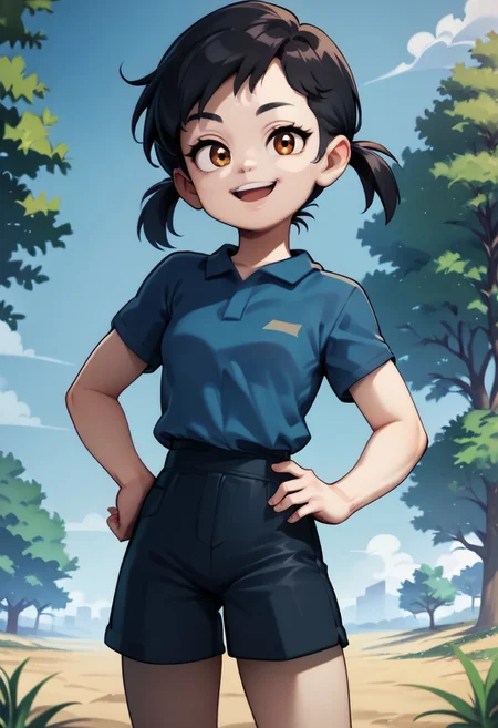 score_9, score_8, score_7, 1girl, solo, plum, blue shirt, shorts, black hair, short twintails,
looking at viewer, v, field, trees, smile, (round) eyes, hand on hip, open mouth,
