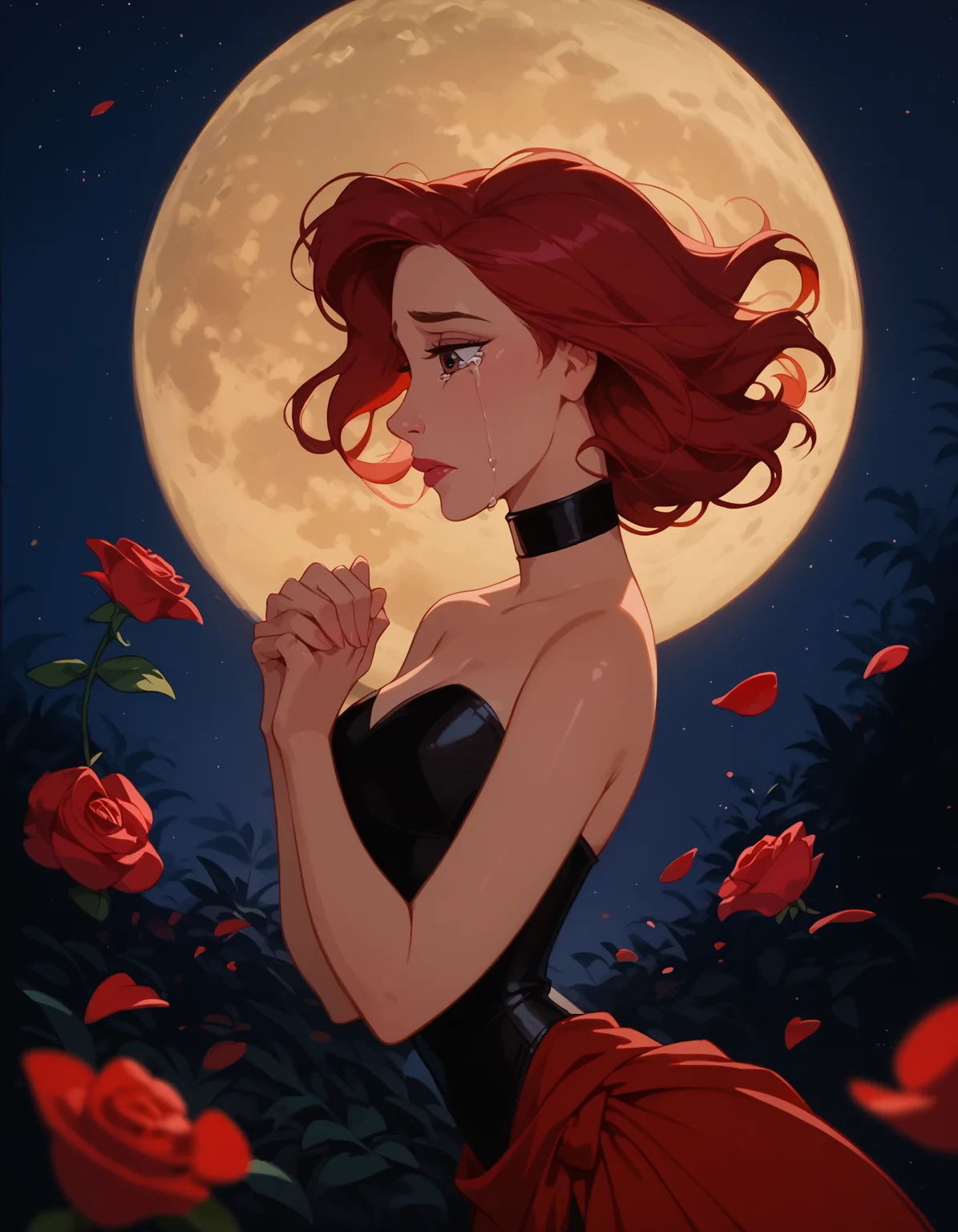 <lora:Disney_Style:.9> <lora:princess_xl_v2:.75> <lora:add-detail-xl:.9> <lora:g0th1cPXL:.3> <lora:Cherry-Gig:.45> <lora:Expressive_H:1> <lora:PLASTT_PonyV6:1> score_9, score_8_up, score_7_up, zPDXL, DisneyRenstyle, score_9,score_8_up,score_7_up,score_6_up, scenic balcony, night, moon, moon light, (red flower petals floating behind girl, floating rose petals behind girl, romantic), (((standing, 3/4 view, side view, side profile))),
1girl, attractive 18 year old, red hair, short hair, messy hair, brown eyes, (((sad expression, tears, heartbroken))), (((hands together, looking down))), (solo), (black leotard:1.2, high neck), (red sarong, black choker), shiny skin, perfect reflection, small hips, slender, hourglass figure, attractive, shiny skin, perfect reflection, small hips, slender, perfect face, perfect hands, g0thicPXL, Expressiveh,
score_9, score_8_up, score_7_up, depth of field, realistic shadow, motion lines, Expressiveh, realistic, dramatic lighting, beautiful, animation, sharp focus, award winning, masterpiece, dynamic, cinematic lighting, great attention to skin and eyes, breathtaking, exquisite, exceptional,