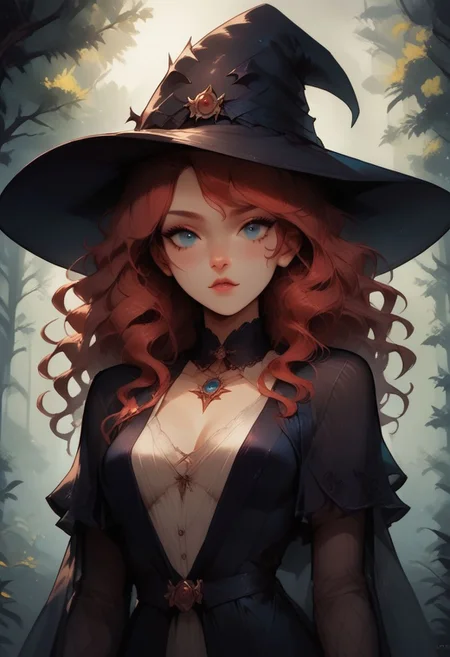 score_9, score_8_up, score_7_up, detailed, 1girl, Ianmae, blue eyes, medium hair, witch hat, black robes, long sleeves, long gloves, see-through gloves, forest, volumetric lighting