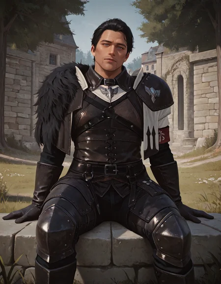 cinematic_depth, 8k, soft_lighting, warm_glow, ultra_high_quality, masterpiece, best quality, newest, perfect quality, intricate details, detailed background, male focus, realistic, solo, <lora:Throne and Liberty - Robert - Illustrious-000005:0.7>, tl_robert, 1boy, mature male, stubble, black hair, grey eyes, leather armor, fur-trimmed pauldron, side cape, leather gloves, leg armor, outdoors, trees, grass, plants, looking at viewer, head tilt, medieval city, sitting, on stone wall