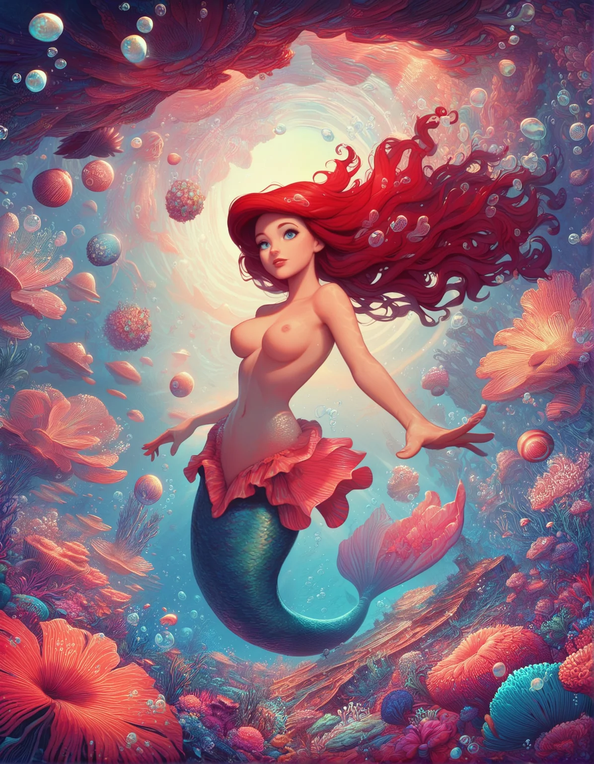 score_9_up, score_8_up, score_7_up, score_6_up, score_5_up, trippy, painting, 1girl, beautiful red hair, Ariel, Disney princess, mermaid, pretty blue eyes, large round breasts, swimming underwater, beautiful vibrant coral reef, kelp flowers, underwater cliffs, ancient golden ruins, bubbles, light rays, caustics
