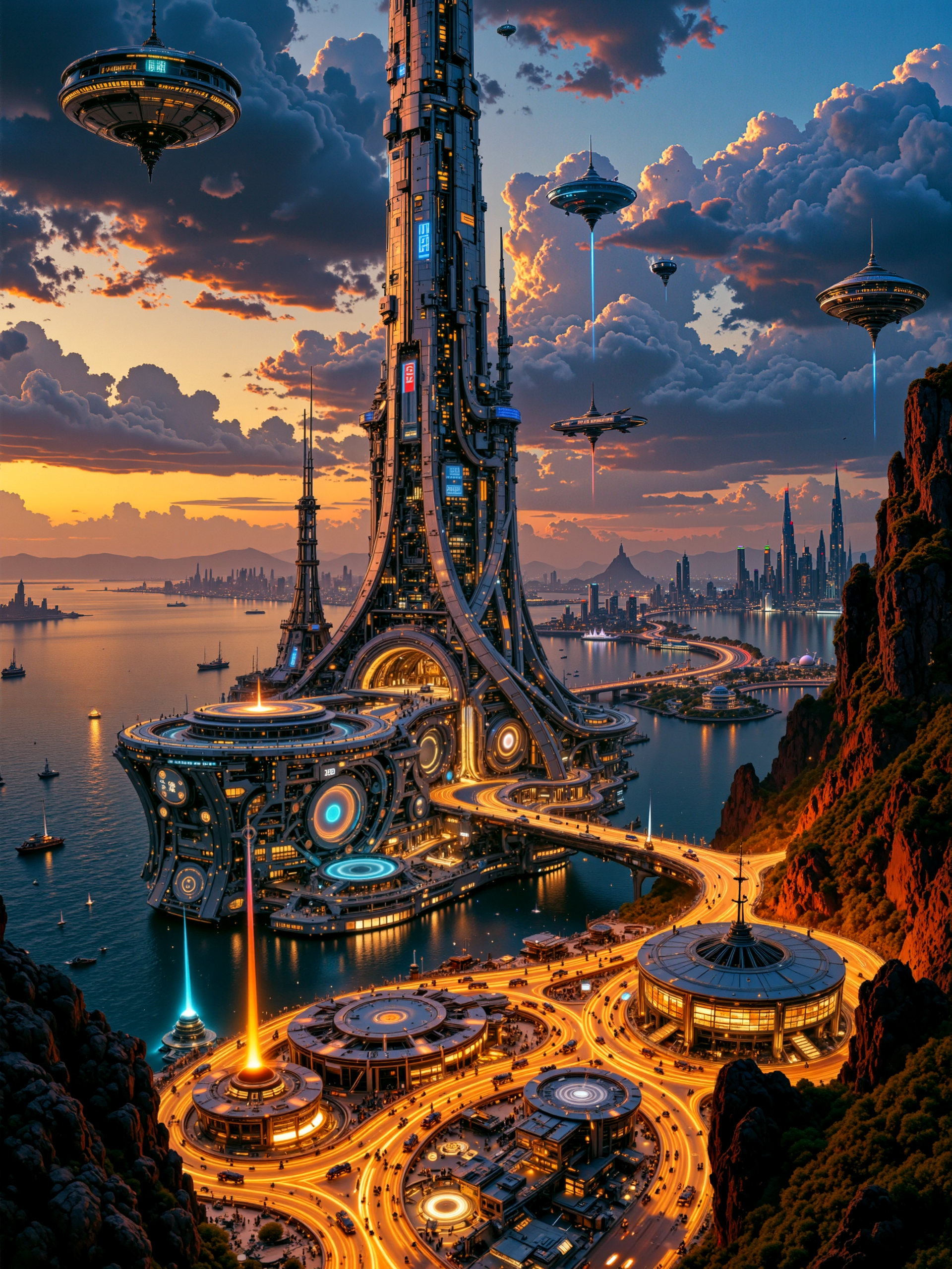 ultra-high-resolution cinematic film still, highest aesthetic quality, ultra-detailed, hyper-realistic, uhd, 8k, 4k,science fiction, a towering space elevator rising from a vast, high-tech coastal city at twilight, the terminal structure at the base glows with activity, surrounded by sleek anti-gravity freighters, landing pads, magnetic rails, and futuristic hangars, its architecture is clean and monumental, blending sharp lines with illuminated panels, the city itself stretches out toward the ocean with layered, overlapping districts of luminous towers, neon-lit walkways, and floating vehicles weaving between buildings. in the background, the space elevator pierces through low-lying clouds and extends into the stratosphere, a thin thread of light connecting earth to orbit, beyond the city, ocean waves shimmer with reflected lights and distant cargo platforms, while faint traces of orbital rings and satellite constellations glint in the sky above. a column of ascending transport pods travels along the elevator cable, leaving glowing trails in their wake, their paths converging toward the vanishing point in the sky, near the base, crowds of tiny figures and service bots move in rhythmic patterns, loading cargo and preparing for launch. birds eye perspective with a slight downward tilt, emphasizing the connection between the vibrant city below and the impossibly tall vertical structure disappearing into the heavens. twilight ambiance with warm golden and cool blue light interplay, subtle atmospheric haze at high altitudes, the space elevator lit from beneath by city lights and from above by the last rays of the sun, glowing traces of energy along the elevator cable create a luminous visual path into orbit. filmed in ultra-wide format, captured on digital imax using a 100mm lens at f/2.8, using rembrandt style lighting for dramatic highlights and shadow depth, masterful use of light and shadow, ovg, artilands02, <lora:style-fantastic_landscapes-v2-flux-by_artifyai:0.76> <lora:sinfully_stylish-dramatic_lighting-v1.0-flux-by_exuberantconsent:0.96>