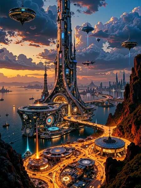 ultra-high-resolution cinematic film still, highest aesthetic quality, ultra-detailed, hyper-realistic, uhd, 8k, 4k,science fiction, a towering space elevator rising from a vast, high-tech coastal city at twilight, the terminal structure at the base glows with activity, surrounded by sleek anti-gravity freighters, landing pads, magnetic rails, and futuristic hangars, its architecture is clean and monumental, blending sharp lines with illuminated panels, the city itself stretches out toward the ocean with layered, overlapping districts of luminous towers, neon-lit walkways, and floating vehicles weaving between buildings. in the background, the space elevator pierces through low-lying clouds and extends into the stratosphere, a thin thread of light connecting earth to orbit, beyond the city, ocean waves shimmer with reflected lights and distant cargo platforms, while faint traces of orbital rings and satellite constellations glint in the sky above. a column of ascending transport pods travels along the elevator cable, leaving glowing trails in their wake, their paths converging toward the vanishing point in the sky, near the base, crowds of tiny figures and service bots move in rhythmic patterns, loading cargo and preparing for launch. birds eye perspective with a slight downward tilt, emphasizing the connection between the vibrant city below and the impossibly tall vertical structure disappearing into the heavens. twilight ambiance with warm golden and cool blue light interplay, subtle atmospheric haze at high altitudes, the space elevator lit from beneath by city lights and from above by the last rays of the sun, glowing traces of energy along the elevator cable create a luminous visual path into orbit. filmed in ultra-wide format, captured on digital imax using a 100mm lens at f/2.8, using rembrandt style lighting for dramatic highlights and shadow depth, masterful use of light and shadow, ovg, artilands02, <lora:style-fantastic_landscapes-v2-flux-by_artifyai:0.76> <lora:sinfully_stylish-dramatic_lighting-v1.0-flux-by_exuberantconsent:0.96>