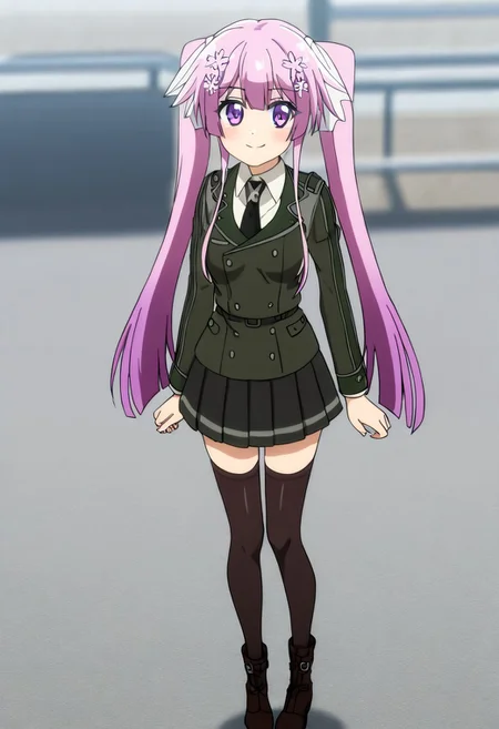 blurred background,
smile,
looking at viewer,
solo,
hundred_-_sakura_kirishima, pink_hair, long_hair, twintails, hair_ornament, hair_flower, purple_eyes, purple_hair, hair_ribbon,
school_uniform, jacket, long_sleeves, black_necktie, skirt, black_thighhighs, boots,
standing,
masterpiece,best quality,good quality,newest,
