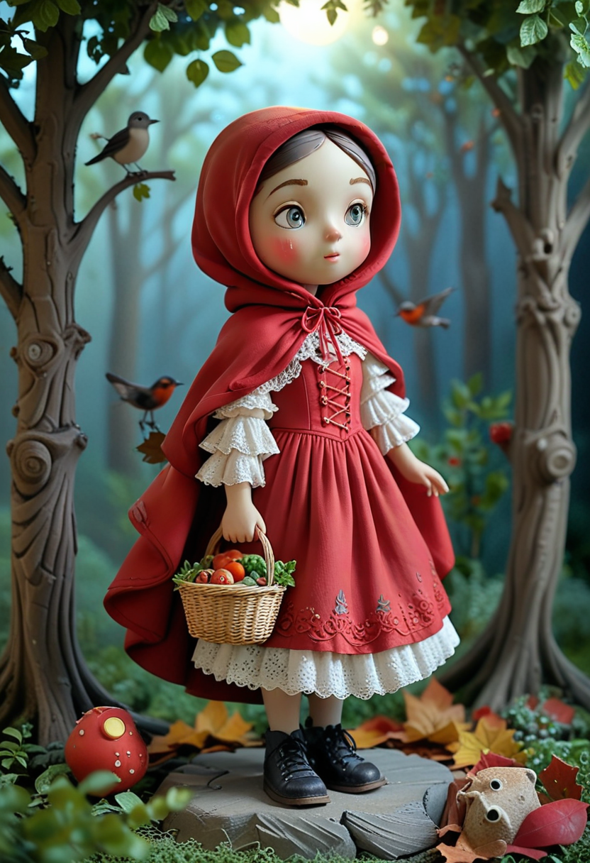 masterpiece, best quality, (curious red riding hood) young character, wearing a dark red hooded cape, lace-up bodice, long skirt with lace trim, leather shoes , bonnet, set in  a serene woods, with rustling leaves, dappled sunlight, a gentle breeze, birds singing, and a sense of peace, under the moonlight, at night, smiling