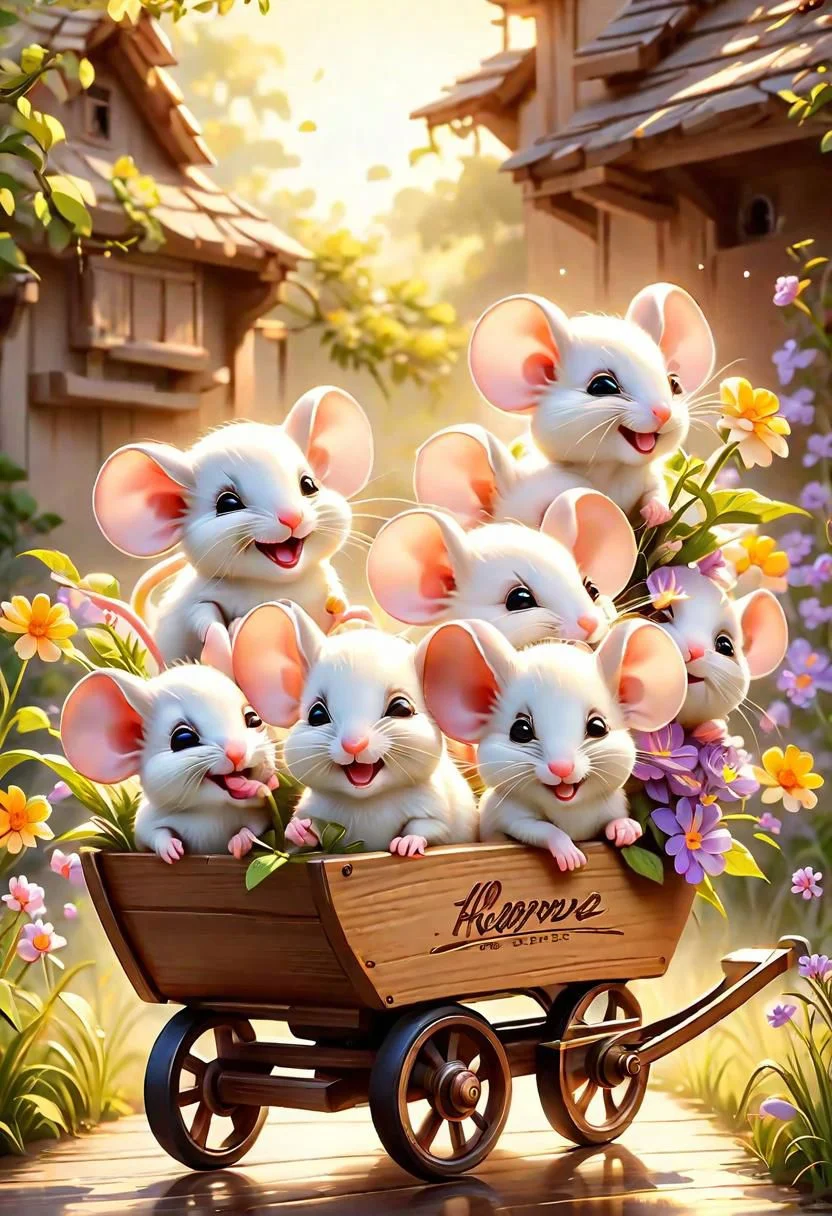 masterpiece,best quality,original,official art,cute mice, purple flower,background,cartoon rendering,beautiful detailed glow, beautiful detailed cute mice ,sunny, creamy flower, happy, big grin, mice drive with little wagon