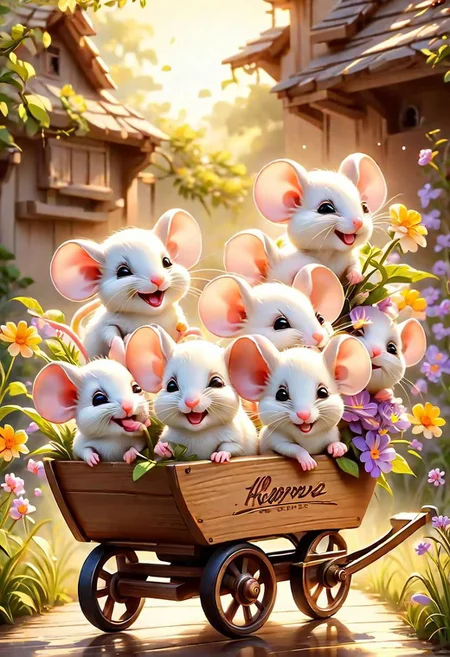 masterpiece,best quality,original,official art,cute mice, purple flower,background,cartoon rendering,beautiful detailed glow, beautiful detailed cute mice ,sunny, creamy flower, happy, big grin, mice drive with little wagon