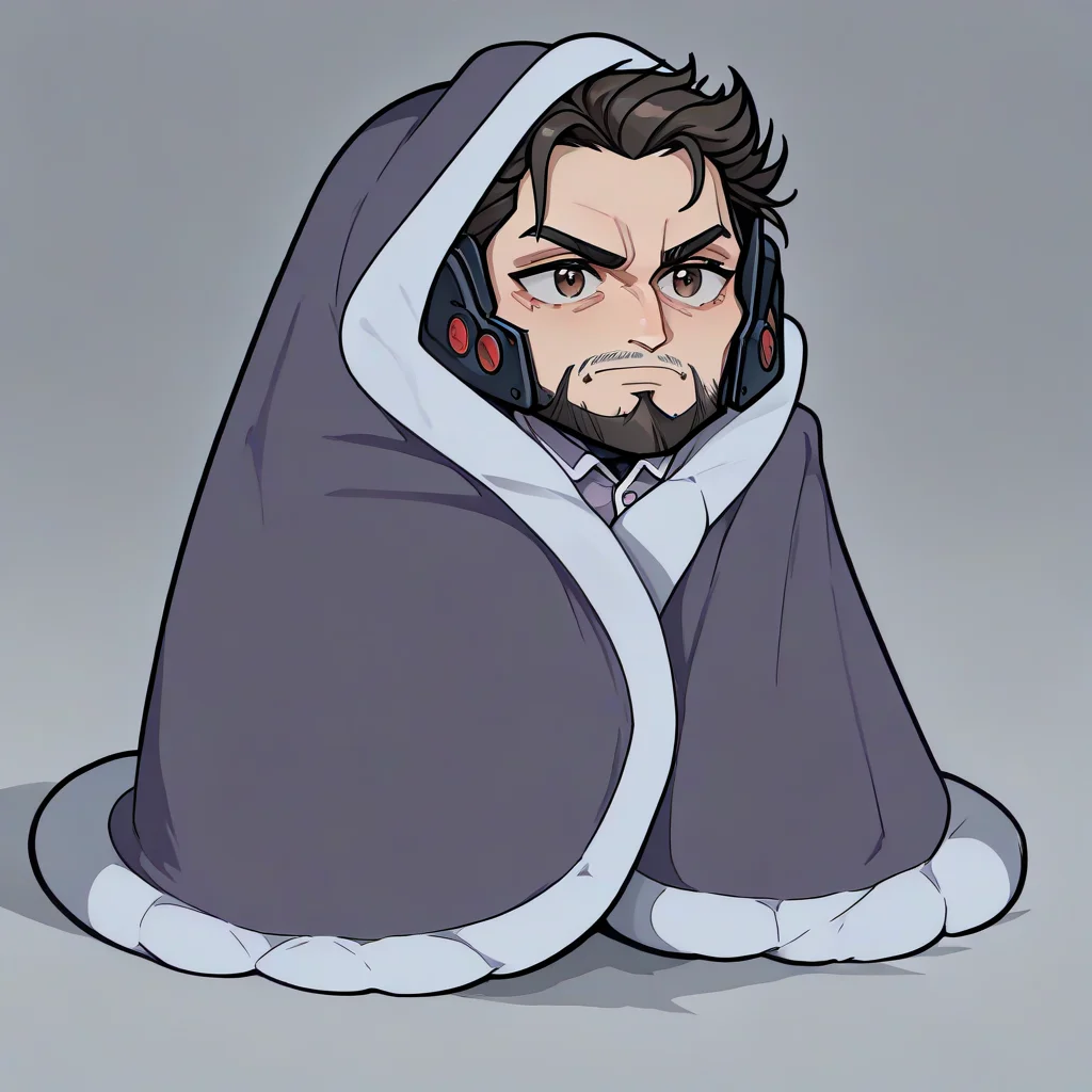 masterpiece, best quality, newest, absurdres, highres, blanket, chibi, under covers, <lora:CozyBlanket_illusXL_Incrs_v1:1>, pajamas, alternate costume, <lora:JetstreamSam_illusXL_Incrs_v1:0.8> JetstreamSam, brown eyes, cyborg, headgear, beard,