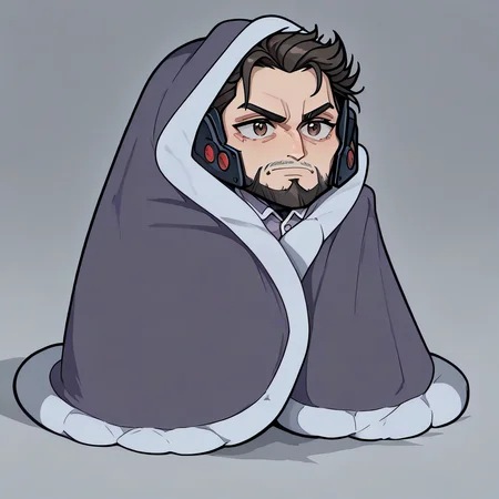 masterpiece, best quality, newest, absurdres, highres, blanket, chibi, under covers, <lora:CozyBlanket_illusXL_Incrs_v1:1>, pajamas, alternate costume,  <lora:JetstreamSam_illusXL_Incrs_v1:0.8> JetstreamSam, brown eyes, cyborg, headgear, beard,
