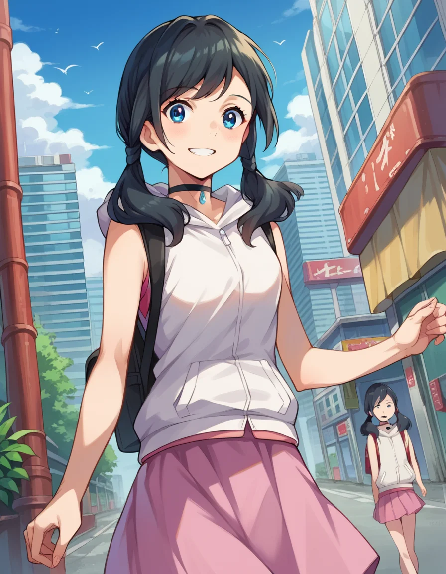 score_9, score_8_up, score_7_up, source_anime,
hinaamano, <lora:hina-amano-ponyxl-lora-nochekaiser:1>,
hina amano, black hair, twintails, blue eyes, smile,
skirt, jacket, sleeveless, choker, hood, bag, hoodie, white jacket, backpack, hood down, hooded jacket, pink skirt, sleeveless jacket, sleeveless hoodie,
outdoors, cityscape,
looking at viewer, dutch angle, cowboy shot,