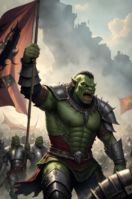 medieval fantasy portrait armored (green-skin:0.1) orc warrior stance violent roar spittle raging angry arms up greaves boots standing in a crowd of warriors red banners dust debris fantasy stone castle bright morning light from side, (masterpiece:1.2) (illustration:1.2) (best quality) (detailed) (intricate) (8k) (HDR) (wallpaper) (cinematic lighting) (sharp focus)