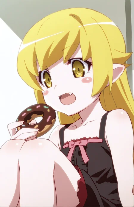 OshinoShinobu. 1girl, long hair, blonde hair, yellow eyes, short pointy ears, blush stickers, black dress, pink bow, sitting, portrait, open mouth, fang, donut in hand, bedroom