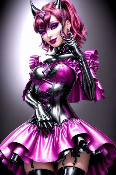 EvlSM, MEvil, Bad_End_Precure, DarkPrecure, adult, evil corrupted princess wearing dark pastel (ruffled:1) (gleaming latex:1) gown with (long latex cape:1) and latex elbow gauntlets, soft lighting, ruffles,
(evil smile),
(makeup, lipstick, mascara, eyeshadow),
<lora:more_details:1>,