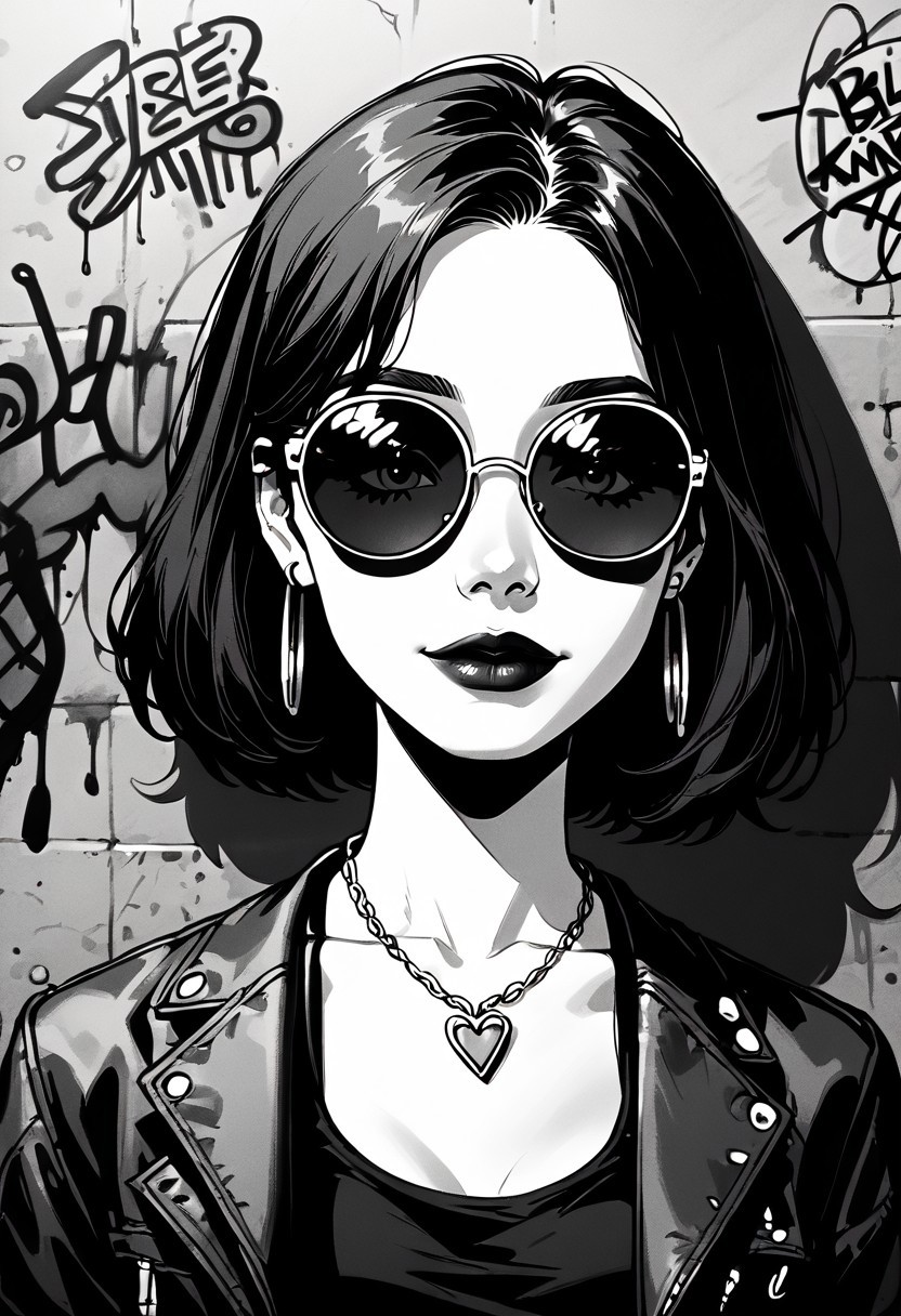 Digital illustration featuring a young woman with fair skin and shoulder-length brown hair. She is wearing round sunglasses with a reflective tint, a black tank top, and a black jacket draped over her shoulders. She has a delicate necklace with a small pendant and hoop earrings. The background is a colorful graffiti wall with various abstract shapes and vibrant hues of blue, pink, and green. The overall style is modern and edgy, with a focus on urban fashion and street art.. easynegative, Charcoal drawing, colored crayons, black pencil drawing, pencil drawing, black and white drawing, graphite drawing,