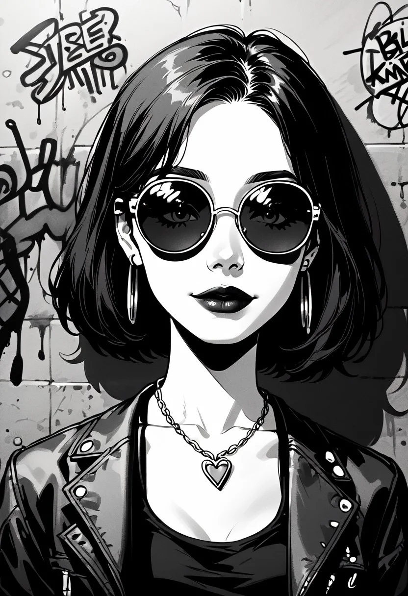 Digital illustration featuring a young woman with fair skin and shoulder-length brown hair. She is wearing round sunglasses with a reflective tint, a black tank top, and a black jacket draped over her shoulders. She has a delicate necklace with a small pendant and hoop earrings. The background is a colorful graffiti wall with various abstract shapes and vibrant hues of blue, pink, and green. The overall style is modern and edgy, with a focus on urban fashion and street art.. easynegative, Charcoal drawing, colored crayons, black pencil drawing, pencil drawing, black and white drawing, graphite drawing,