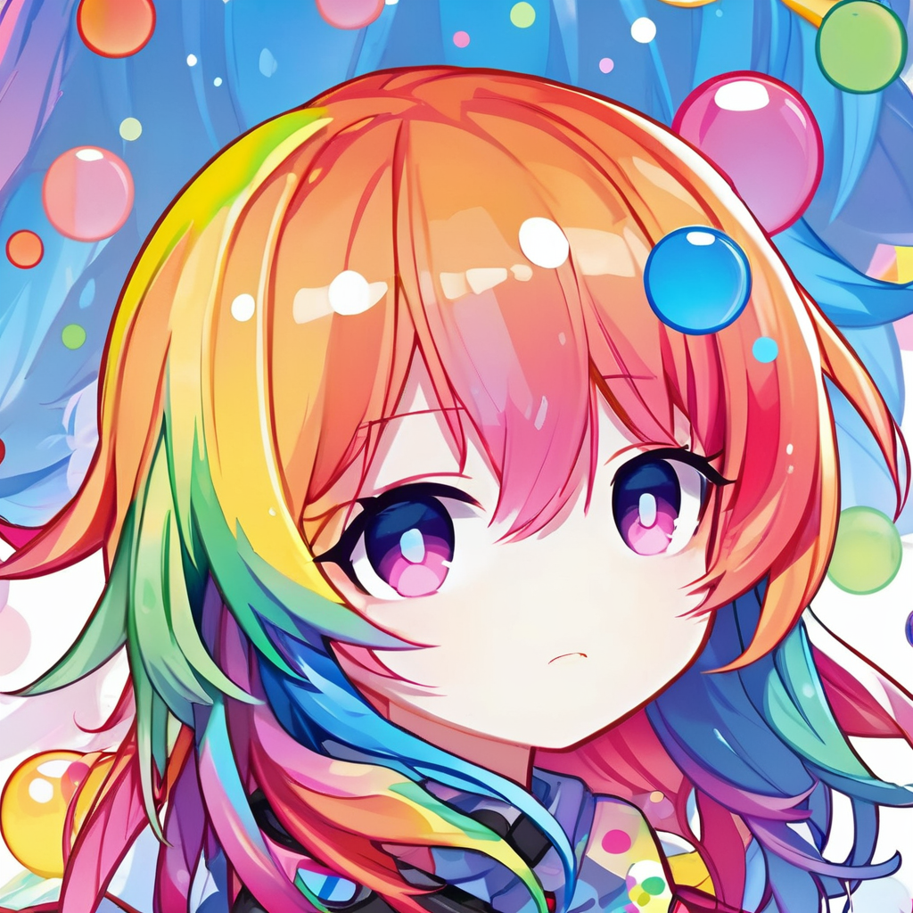 simple background,a cute girl,
((rainbow hair)),(((surrounded by colorful splashes))),(((surrounded by colorful dot))),colorful bubble,
chibi avatar,<lora:chibi_avatar:0.85>,