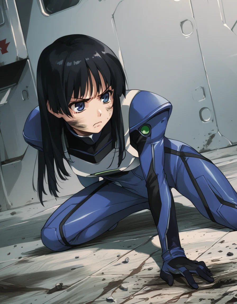 <lora:aoba-ponyxl-000020:1> tsuzaki, black hair,
pilot suit,
1girl, defeat, glaring, dirty, on floor, score_9, score_8_up, score_7_up, score_6_up, score_5_up, score_4_up