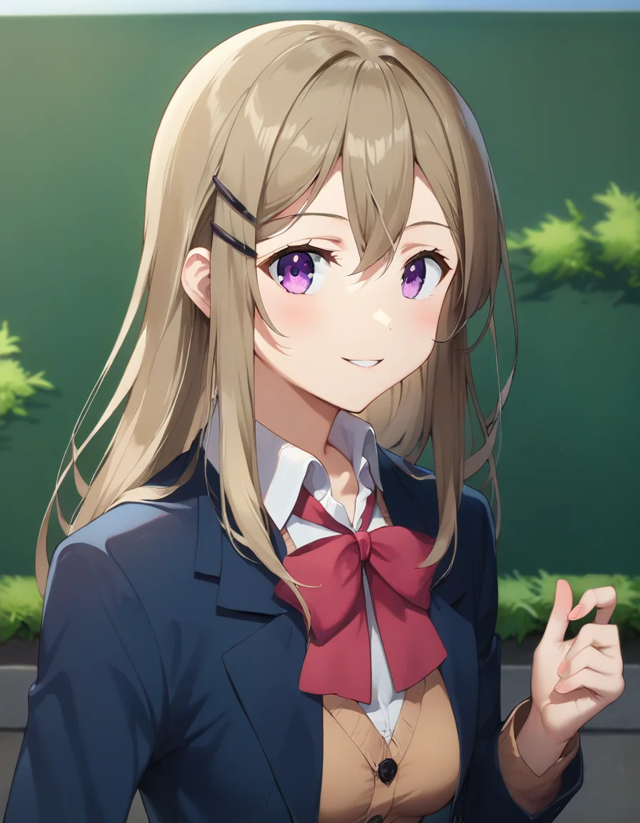 score_9,score_8_up,score_7_up,score_6_up BREAK official art,solo,outdoors,upper body,(portrait:1.5),looking at viewer,facing viewer,smile,Shimamura Hougetsu,long hair,brown hair,hair ornament,hairclip,sidelocks,hair between eyes,bangs,purple eyes,school uniform,blue jacket,blazer,open jacket,brown cardigan,red bowtie,white shirt,collared shirt,long sleeves,medium breasts,skindentation,miniskirt,grey skirt,pleated skirt,plaid skirt,thighs,black socks,loafers,<lora:Shimamura Hougetsu(as)-Pony:1.6>,<lora:Smooth Anime Style LoRA XL:0.8>,
