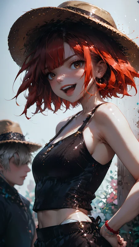 score_9, score_8_up, score_7_up, rating_safe, high res image, masterpiece, best quality, photo-enhanced,
1girl, red hair, brown eyes, sparkling eyes, bright eyes, burst eyes, short hair, bangs over eyes, bowl cut, pale face, freckles, medium breasts, midriff, leather bodice,
red summer dress, straw fedora, hands on hips, looking at viewer, view from side, fanning face, disgusted face, frown, open mouth,
garden background,
<lora:Expressive_H:1> <lora:princess_xl_v2:1> <lora:Fant5yP0ny:1> <lora:Vixons Pomy Styles Gothic Neon:.45> <lora:HKStyle_V3:1> <lora:disgusted_face_xl_goofy:1>