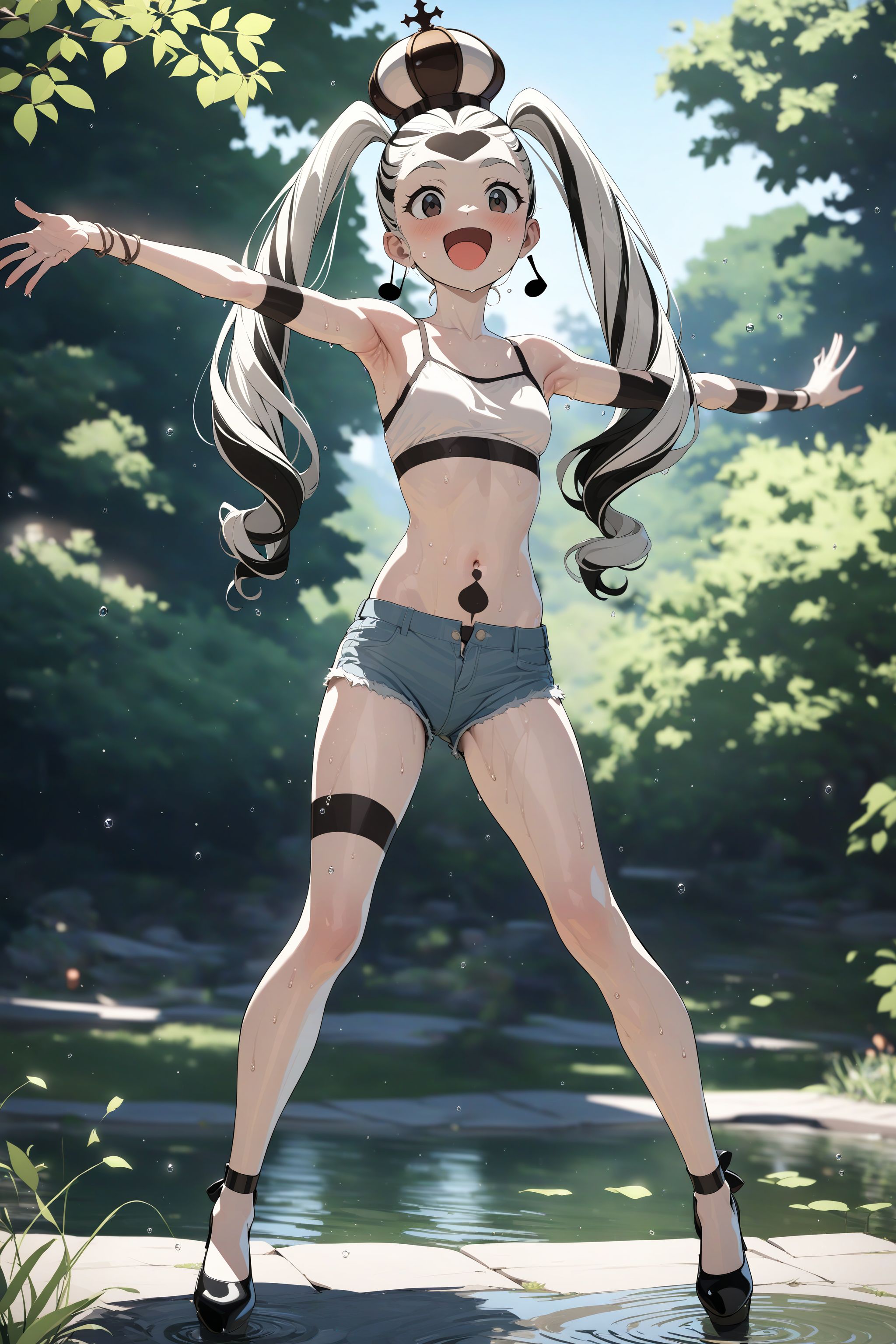 masterpiece, absurdres, high detail, 8k,
outdoors, sky, park, pond,
standing, outstretched arms, legs apart, dancing, smile, :d. sweat. musical note, 
solo, nymph, crown, bodypaint, striped, camisole, short shorts, heels,
 <lora:XL_Animagine_MGCM-nymph-t1:0.9>