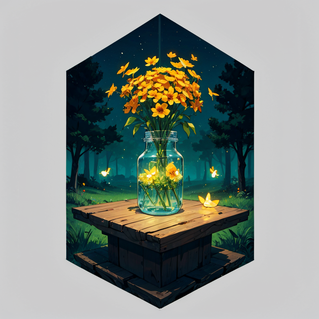 otherworldly, hexagonal composition, glass jar, wooden table, fireflies, night, outdoors, simple background  <lora:hexagon_composition_03:0.6>