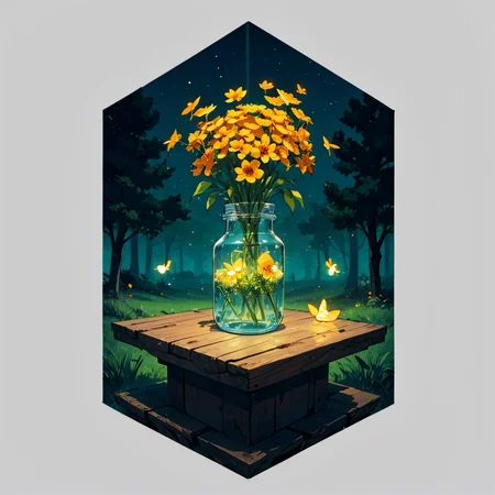 otherworldly, hexagonal composition, glass jar, wooden table, fireflies, night, outdoors, simple background <lora:hexagon_composition_03:0.6>