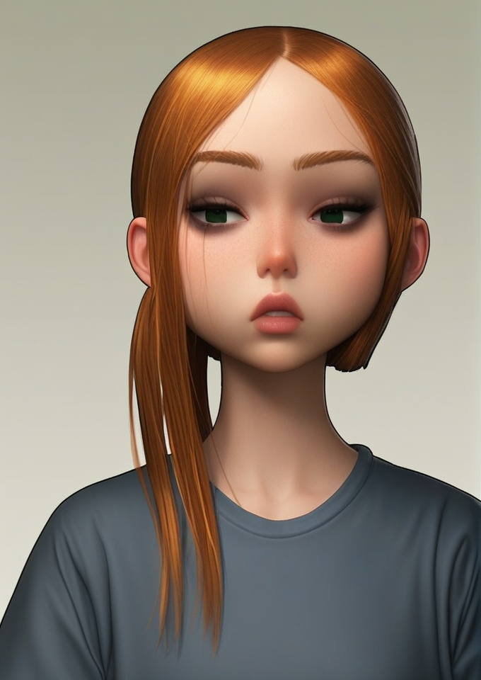 portrait, 1girl, tshirt, ponytail, sallow face, slanted eyes, enormous lips, pointed nose, sleek jaw,