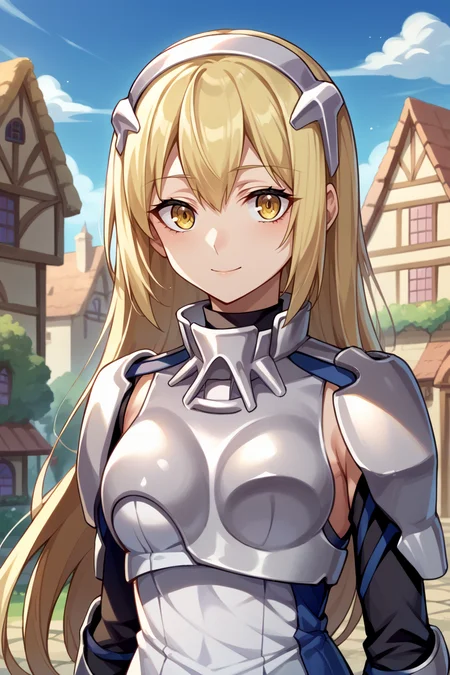 score_9, score_8_up, score_7_up, score_6_up, source_anime, BREAK 1girl, solo <lora:aiswallenstein-pdxl-nvwls-v1:1> ais wallenstein, hairband, armored dress, gauntlets, black gloves, looking at you, blue sky, village, houses, upper body, light smile