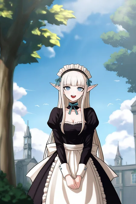 <lora:dangansprite2:0.8>, dangansprite, 1girl, solo, breasts, pointy ears, maid, outdoors, maid headdress, cleavage, long hair, smile, long sleeves, apron, blue eyes, looking at viewer, open mouth, white hair, day, dress, black dress, puffy sleeves, blunt bangs, solo focus, teeth, elf, sky, maid apron, tree, frills, collarbone, medium breasts, choker, white apron, :d, upper teeth only, cloud, blue sky, waist apron, juliet sleeves, frilled apron, building, sidelocks, ribbon, bow