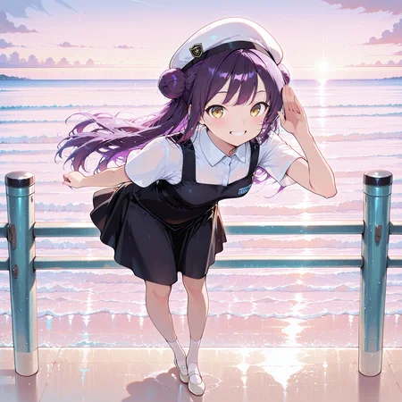 masterpiece, high quality, absurdres, best quality, very aesthetic, newest, highres, 1girl, solo, <lora:Rein:1>, purple hair, yellow eyes, long hair, hair buns, small breasts, white beret hat, <lora:Malaysia_School_Uniform_Primary_School_Uniform:1>, (malaysian secondary school uniform), (pinafore dress), (black skirt), (black pinafore), (collared shirt), (white shirt), (short sleeves), (white socks),(short socks), (white footwear), (ballet flat), full body, sea shore, standing, looking at viewer, grin, saluting, leaning towards