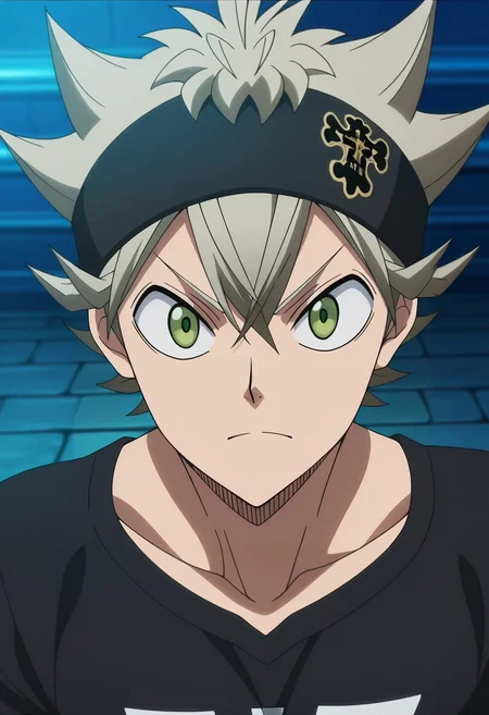 masterpiece, best quality, , anime screencap, anime coloring, official style, looking at viewer, 1boy, solo, male focus, <lora:asta_black_clover_ilxl:0.96>, asta_black_clover, grey hair, green eyes, short hair, spiked hair, , , crew neck t-shirt,