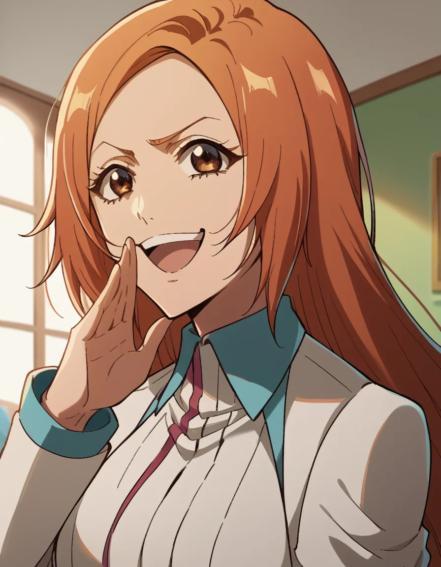 score_9, score_8_up, score_7_up, source_anime, inoueorihime, <lora:inoue-orihime-tybw-ponyxl-lora-nochekaiser:1>, inoue orihime, long hair, orange hair, brown eyes,, <lora:ojou-sama-pose-ponyxl-lora-nochekaiser:1>, ojou-sama pose, laughing, smug, hand to own mouth, open mouth,, indoors, smile,, cowboy shot, dutch angle, looking at viewer,