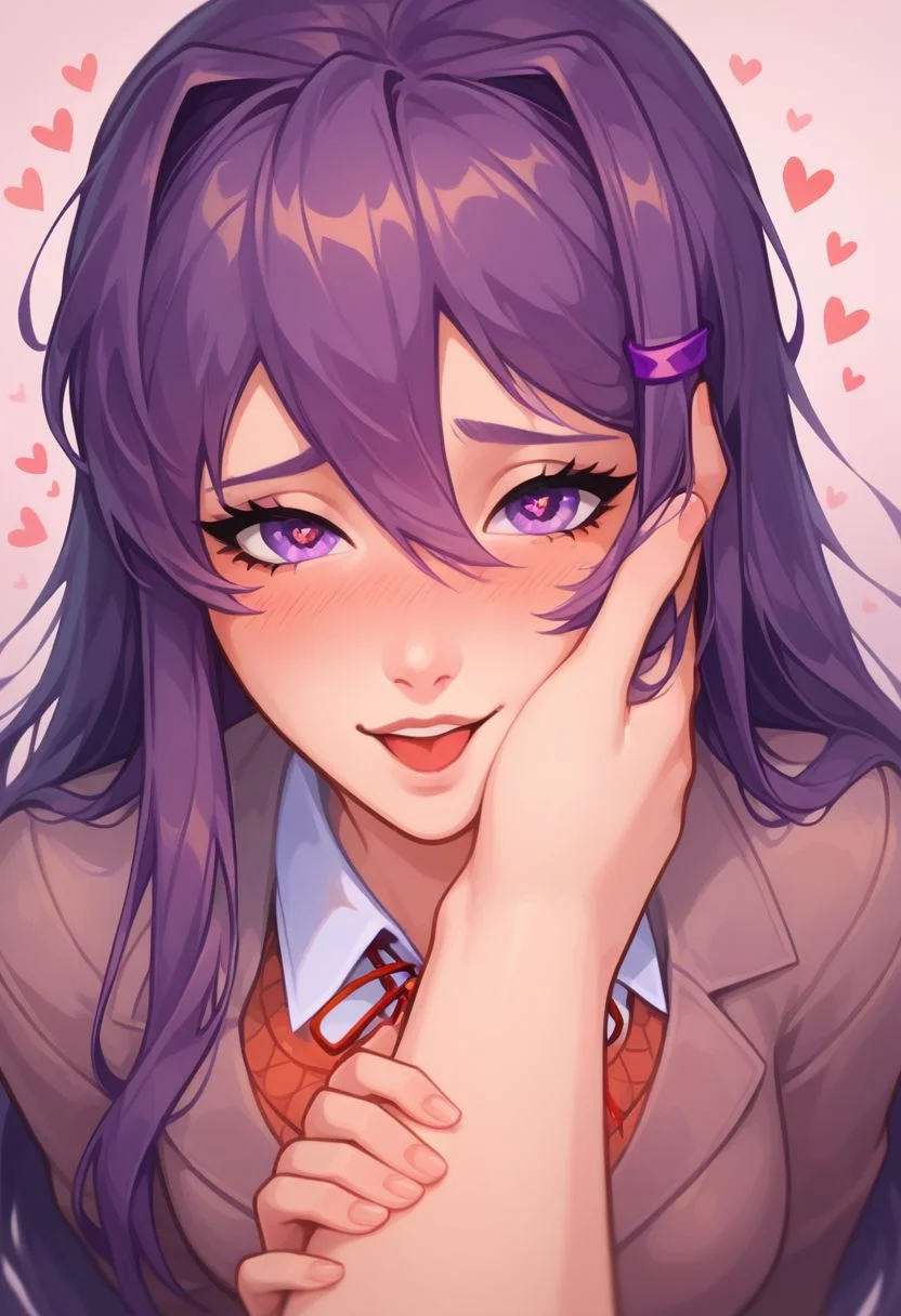 score_9, score_8_up, score_8, doki doki literature club, 1girl, yuri ddlc, long purple hair, pretty girl, big tits, hearts in eyes, pov beneath her, shes pitting her hand on your head