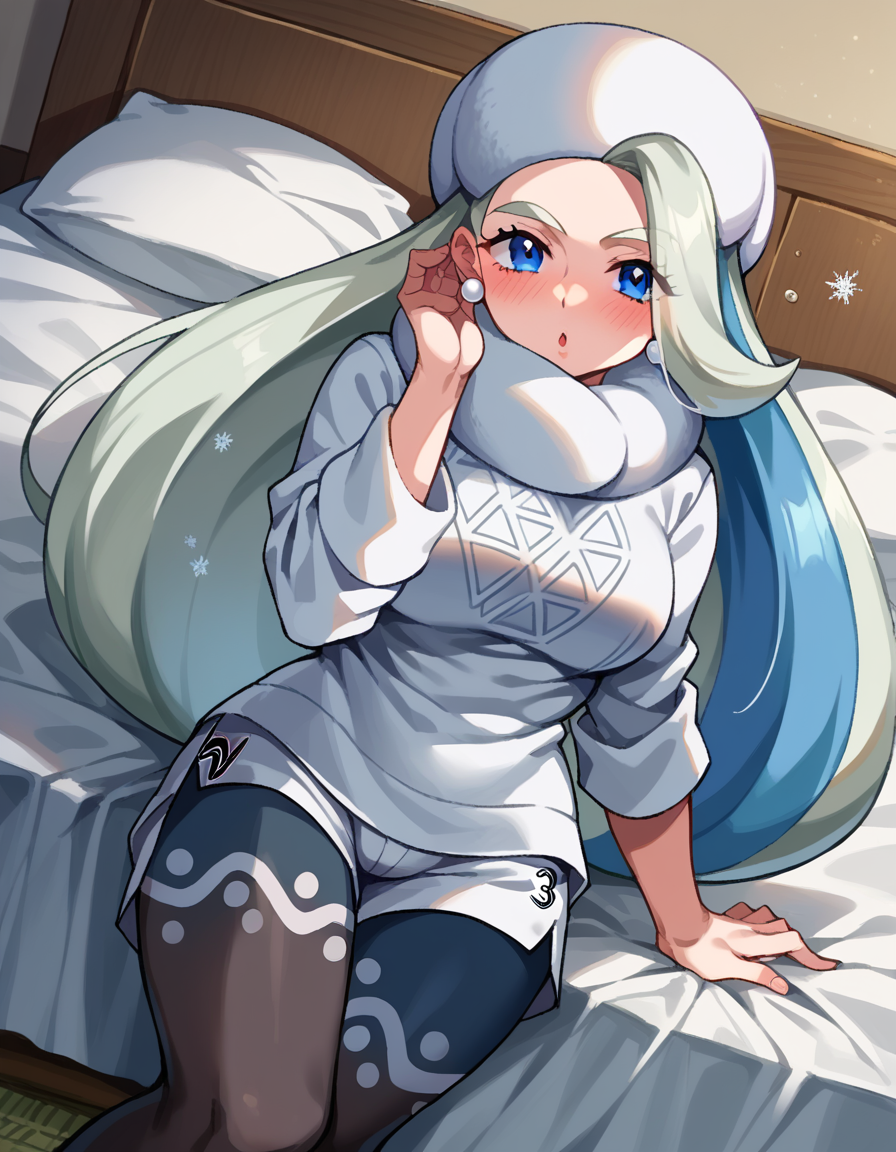 score_9, score_8_up, score_7_up, source_anime,
pokemonmelony, <lora:pokemon-melony-ponyxl-lora-nochekaiser:1>
pokemonmelony, blue eyes, eyelashes, long hair, multicolored hair, streaked hair, grey hair,
earrings, gloves, hat, jewelry, long sleeves, pantyhose, pantyhose under shorts, scarf, shorts, single glove, snowflakes, sweater, white headwear, white scarf, white sweater,
indoors, bed, bed room, on side, blush, drunk,
looking at viewer, cowboy shot, dutch angle,